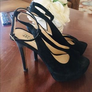 Black suede platform heels